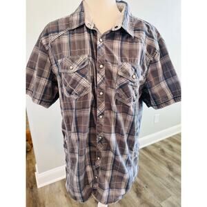 BKE Plaid Snap Front Western Shirt Mens Large Gray Blue Short Sleeve Casual XL